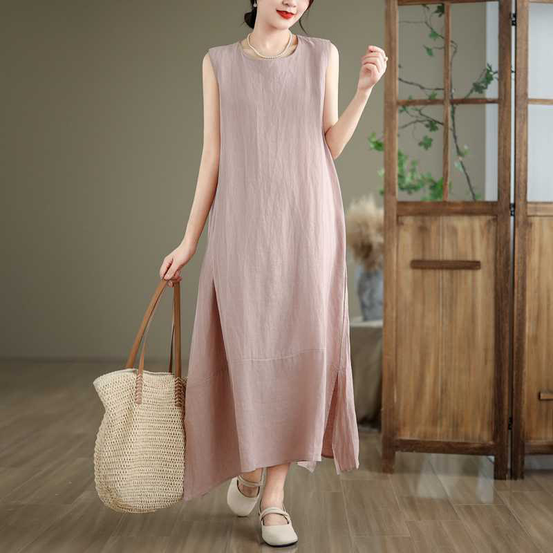 Abito midi in cotone e lino senza maniche, casual, primaverile, semplice e irregolare, con tasche, Buddha Stones - Cardo - US8-10, UK/AU12-14, EU40-42 (2XL) - image 16