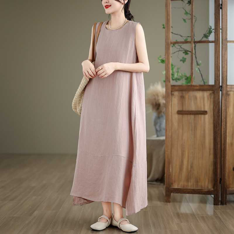 Abito midi in cotone e lino senza maniche, casual, primaverile, semplice e irregolare, con tasche, Buddha Stones - image 18