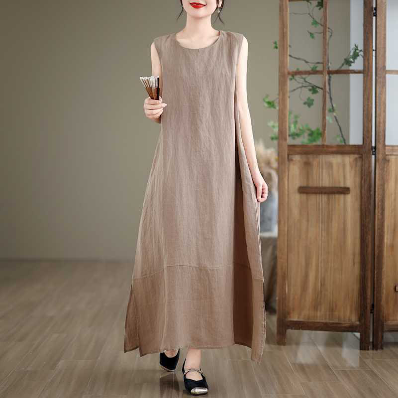 Abito midi in cotone e lino senza maniche, casual, primaverile, semplice e irregolare, con tasche, Buddha Stones - DarkKhaki - US8-10, UK/AU12-14, EU40-42 (2XL) - image 0