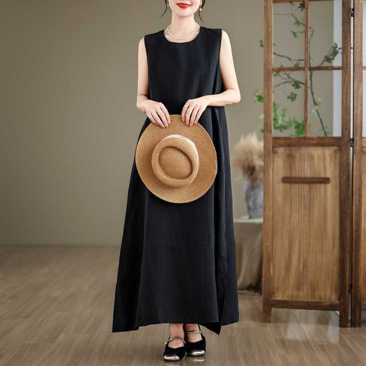 Abito midi in cotone e lino senza maniche, casual, primaverile, semplice e irregolare, con tasche, Buddha Stones - Nero - US8-10, UK/AU12-14, EU40-42 (2XL) - image 10