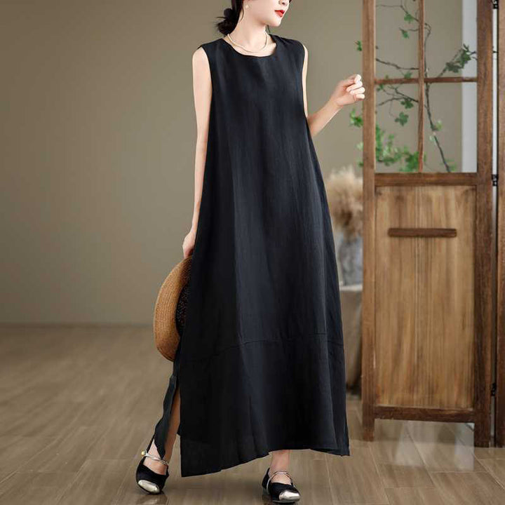 Abito midi in cotone e lino senza maniche, casual, primaverile, semplice e irregolare, con tasche, Buddha Stones - image 12