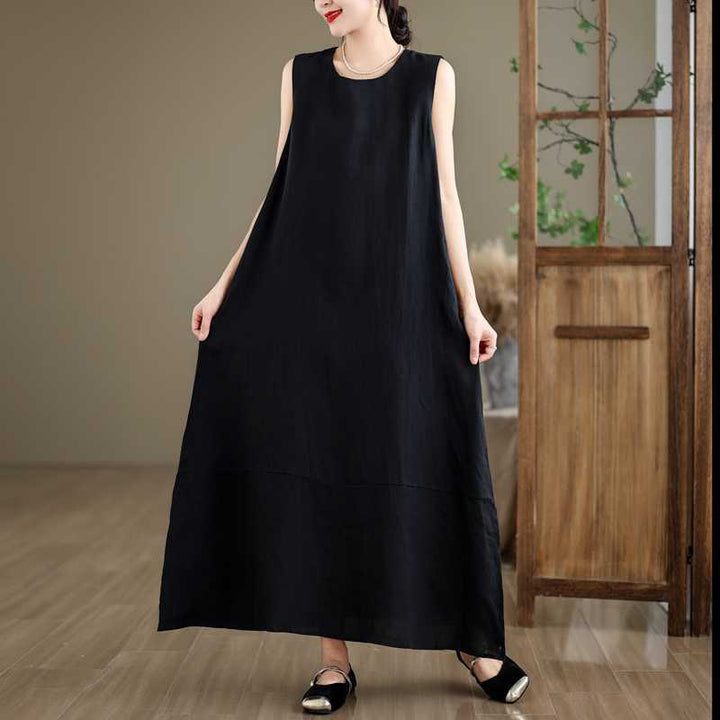 Abito midi in lino e cotone senza maniche con tasche, motivo Buddha Stones Spring Plain Irregular - image 13