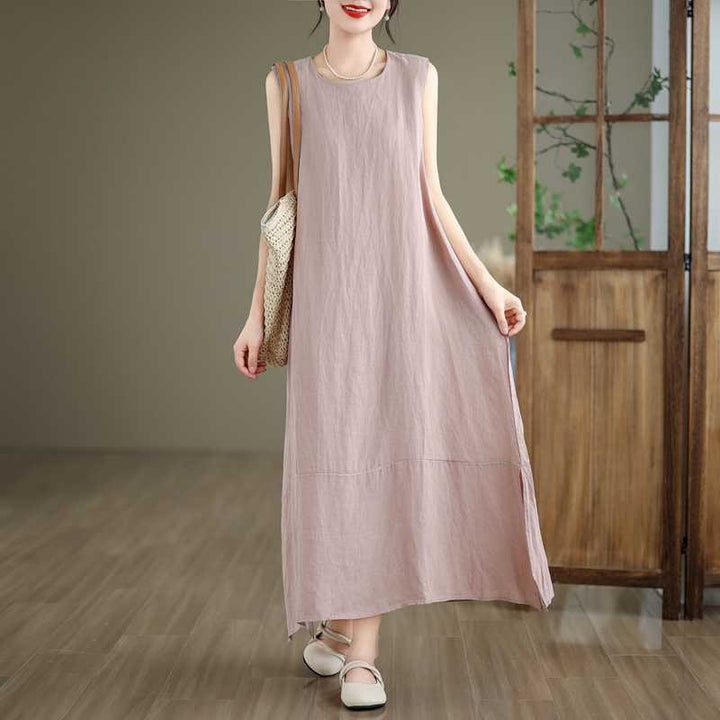 Abito midi in cotone e lino senza maniche, casual, primaverile, semplice e irregolare, con tasche, Buddha Stones - image 19
