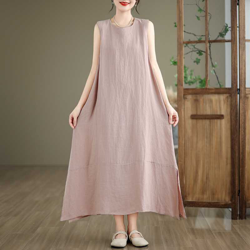 Abito midi in cotone e lino senza maniche, casual, primaverile, semplice e irregolare, con tasche, Buddha Stones - image 17