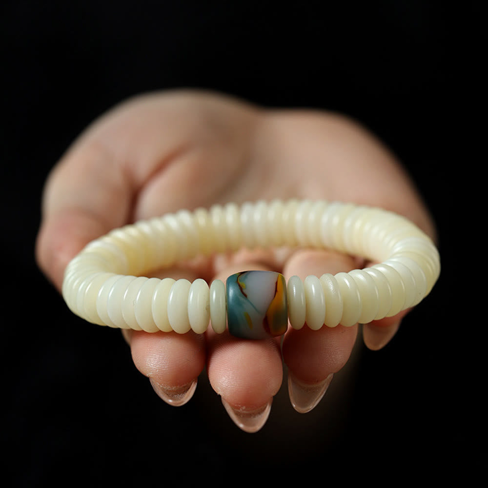 Bracciale Mala da polso con nappa della saggezza in pietra naturale bianca Bodhi di Buddha Stones