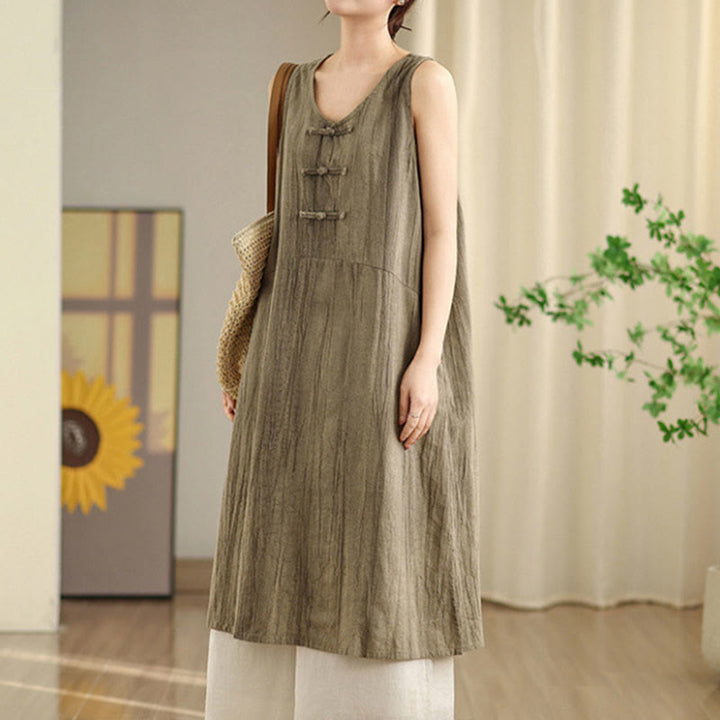 Abito midi senza maniche in lino ramiè con tasche e bottoni cinesi a forma di rana, con tintura tie-dye Buddha Stones - Cachi scuro - US8-10, UK/AU12-14, EU40-42 (2XL) - image 9