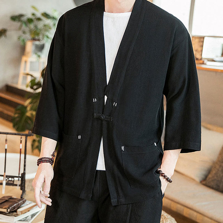 Giacca da uomo in lino e cotone con maniche a tre quarti, motivo Buddha Stones , con bottoni cinesi a forma di rana - image 11