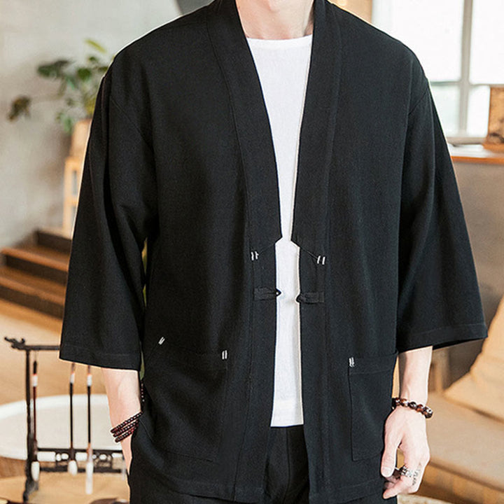 Kimono da uomo in cotone e lino, con bottoni a rana cinesi, tinta unita, Buddha Stones - image 9