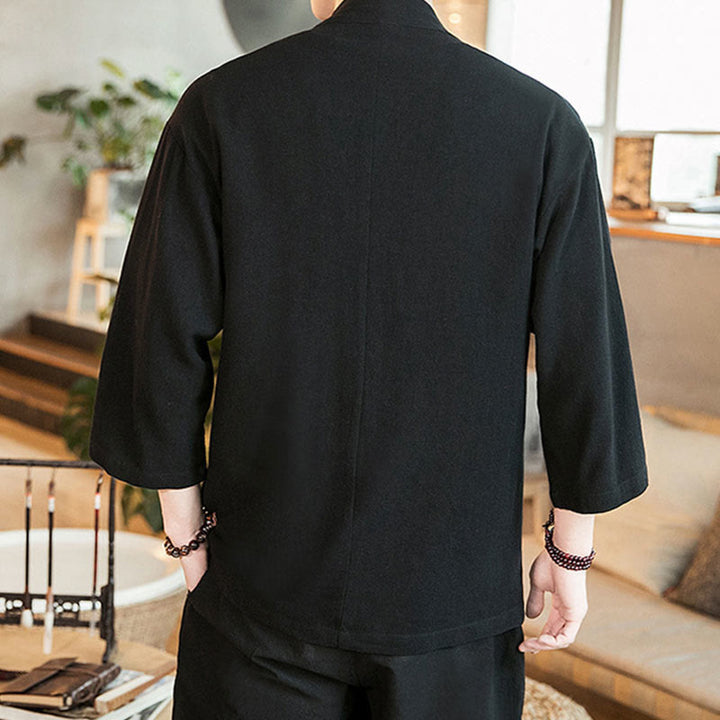 Kimono da uomo in cotone e lino, con bottoni a rana cinesi, tinta unita, Buddha Stones - image 12