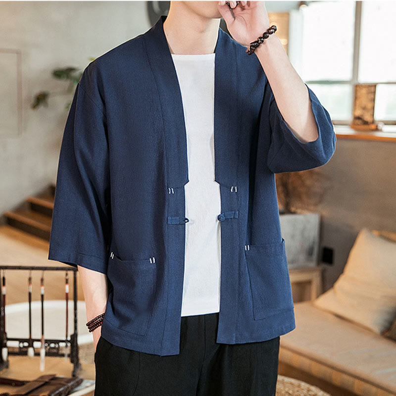 Kimono da uomo in cotone e lino, con bottoni a rana cinesi, tinta unita, Buddha Stones - image 4