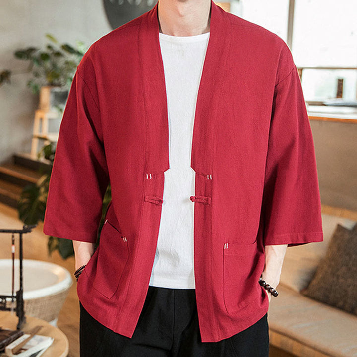 Kimono da uomo in cotone e lino, con bottoni a rana cinesi, tinta unita, Buddha Stones - image 25