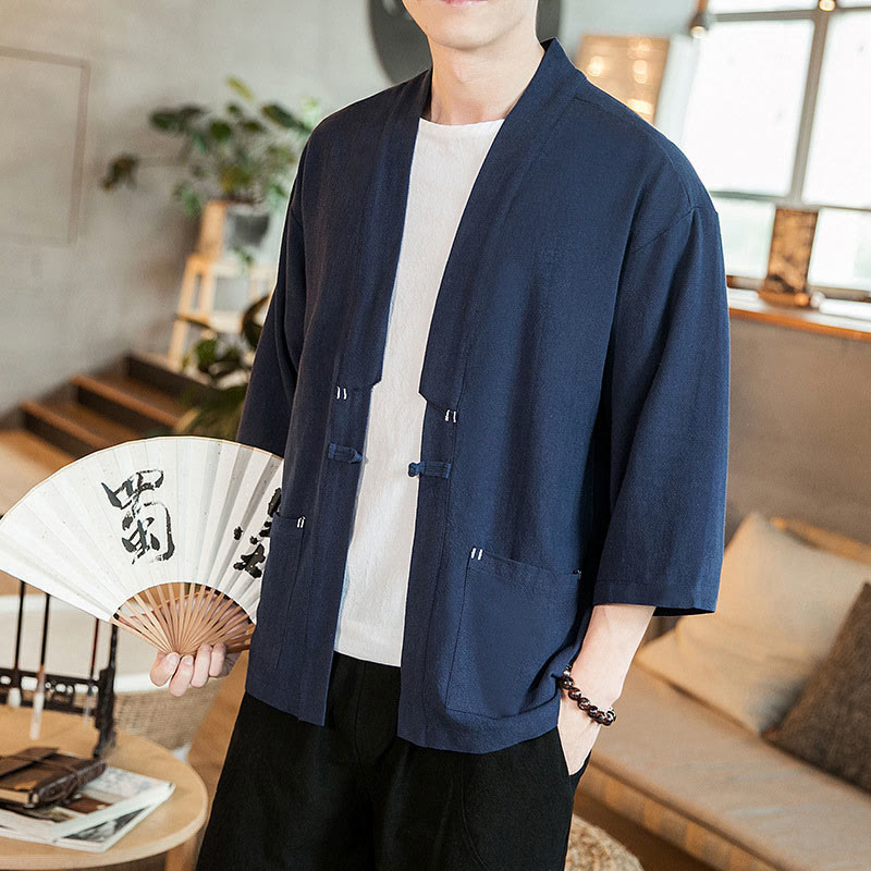 Kimono da uomo in cotone e lino, con bottoni a rana cinesi, tinta unita, Buddha Stones - image 6