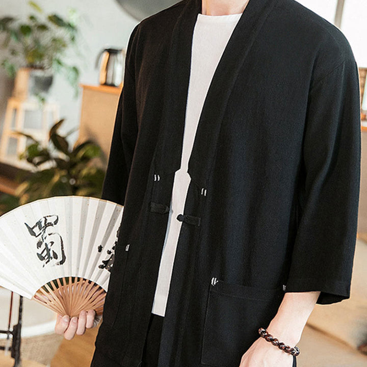 Kimono da uomo in cotone e lino, con bottoni a rana cinesi, tinta unita, Buddha Stones