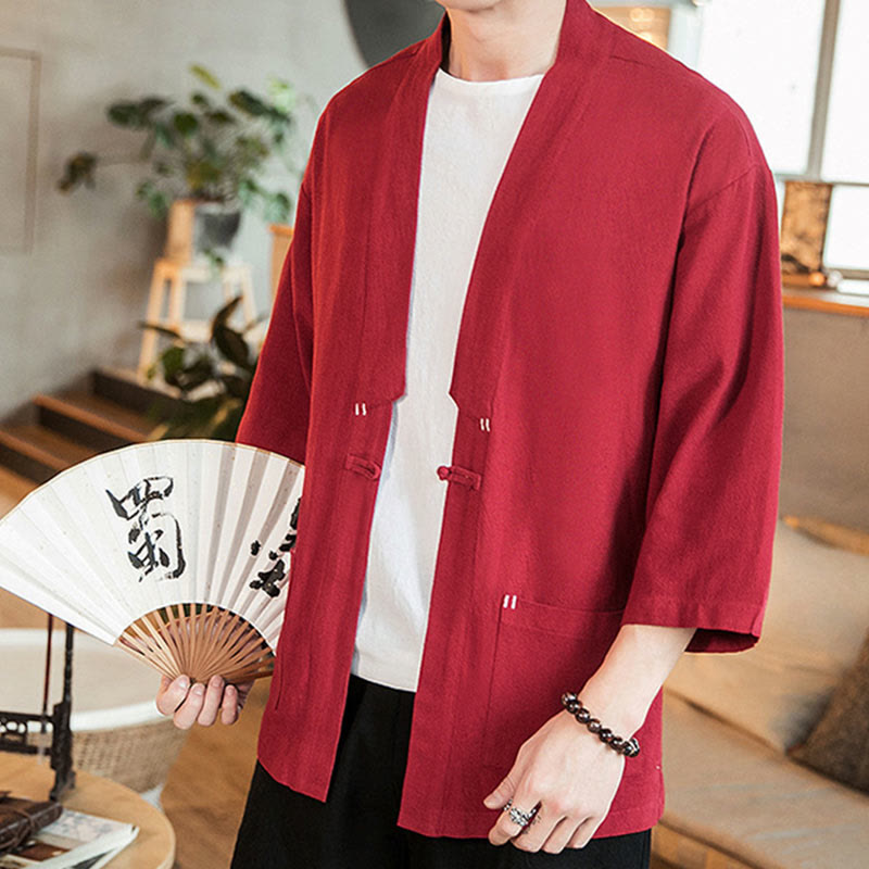 Kimono da uomo in cotone e lino, con bottoni a rana cinesi, tinta unita, Buddha Stones - image 21