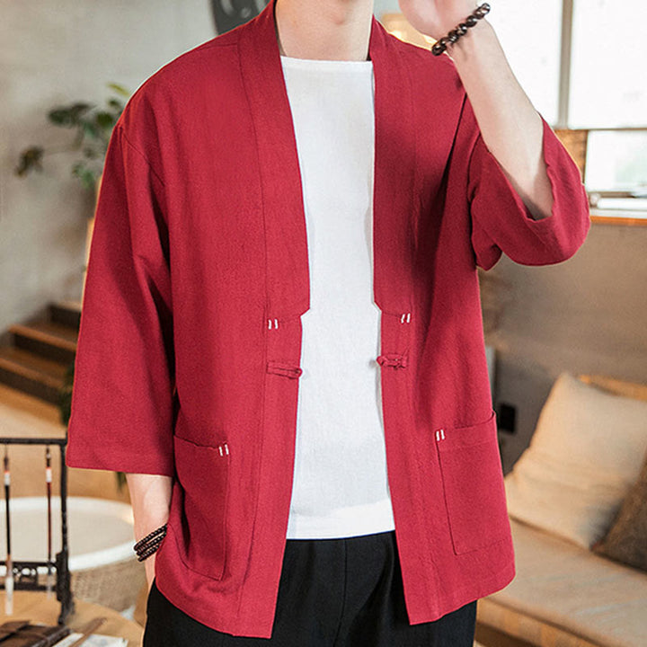 Kimono da uomo in cotone e lino, con bottoni a rana cinesi, tinta unita, Buddha Stones - image 27