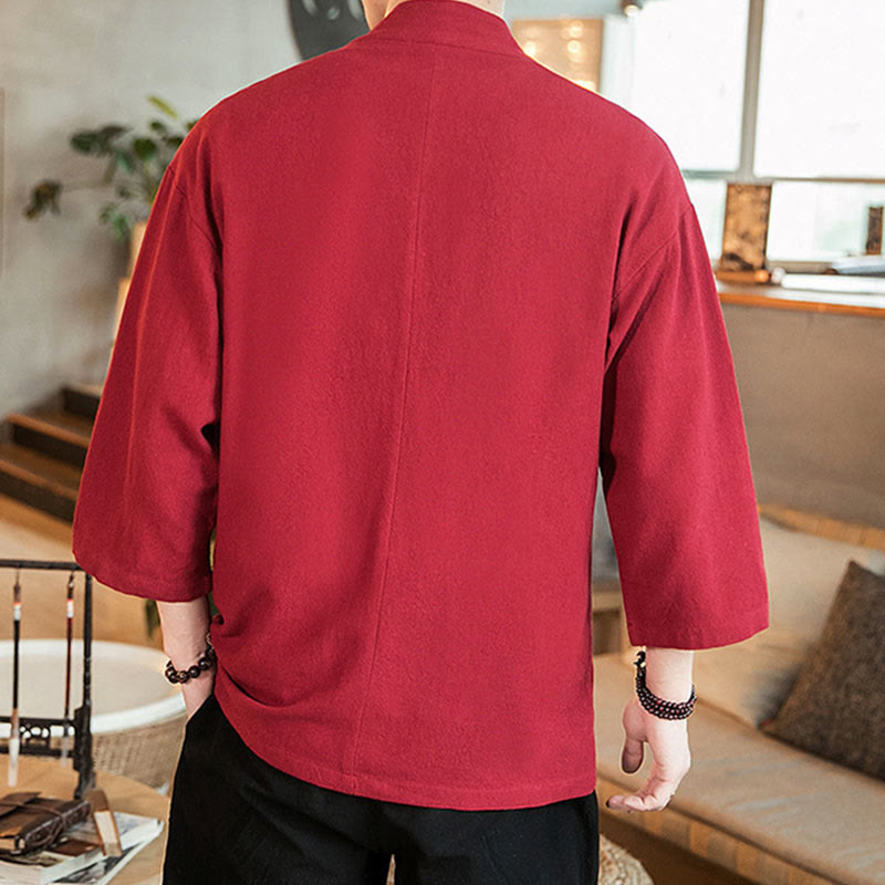 Kimono da uomo in cotone e lino, con bottoni a rana cinesi, tinta unita, Buddha Stones - image 26