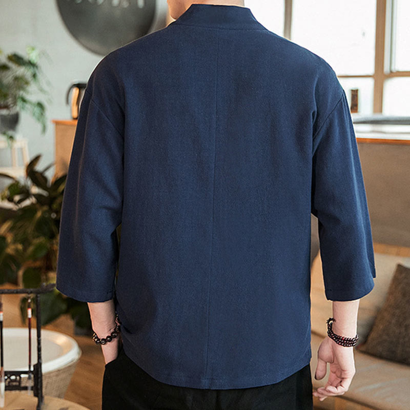 Kimono da uomo in cotone e lino, con bottoni a rana cinesi, tinta unita, Buddha Stones - image 3