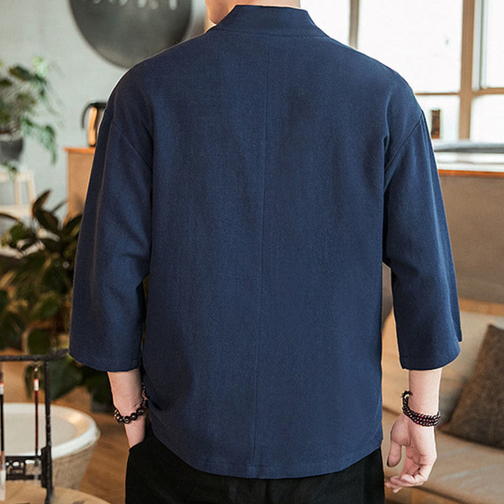 Kimono da uomo in cotone e lino, con bottoni a rana cinesi, tinta unita, Buddha Stones - image 3