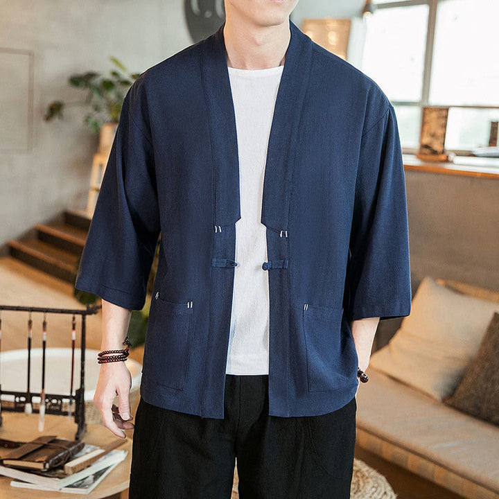 Kimono da uomo in cotone e lino, con bottoni a rana cinesi, tinta unita, Buddha Stones - image 2