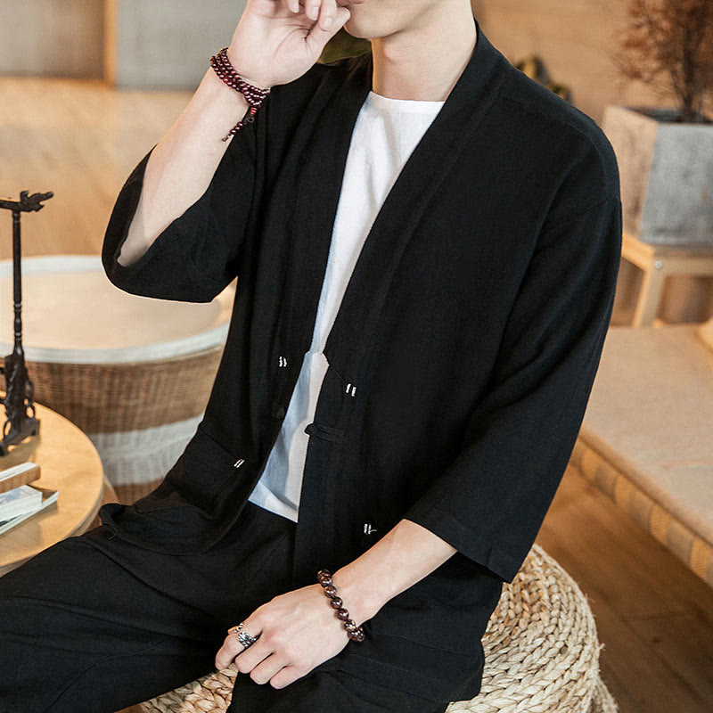 Giacca da uomo in lino e cotone con maniche a tre quarti, motivo Buddha Stones , con bottoni cinesi a forma di rana - Nero - US/UK/AU46, EU56 (5XL) - image 8