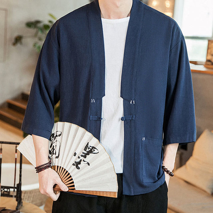 Kimono da uomo in cotone e lino, con bottoni a rana cinesi, tinta unita, Buddha Stones - image 5