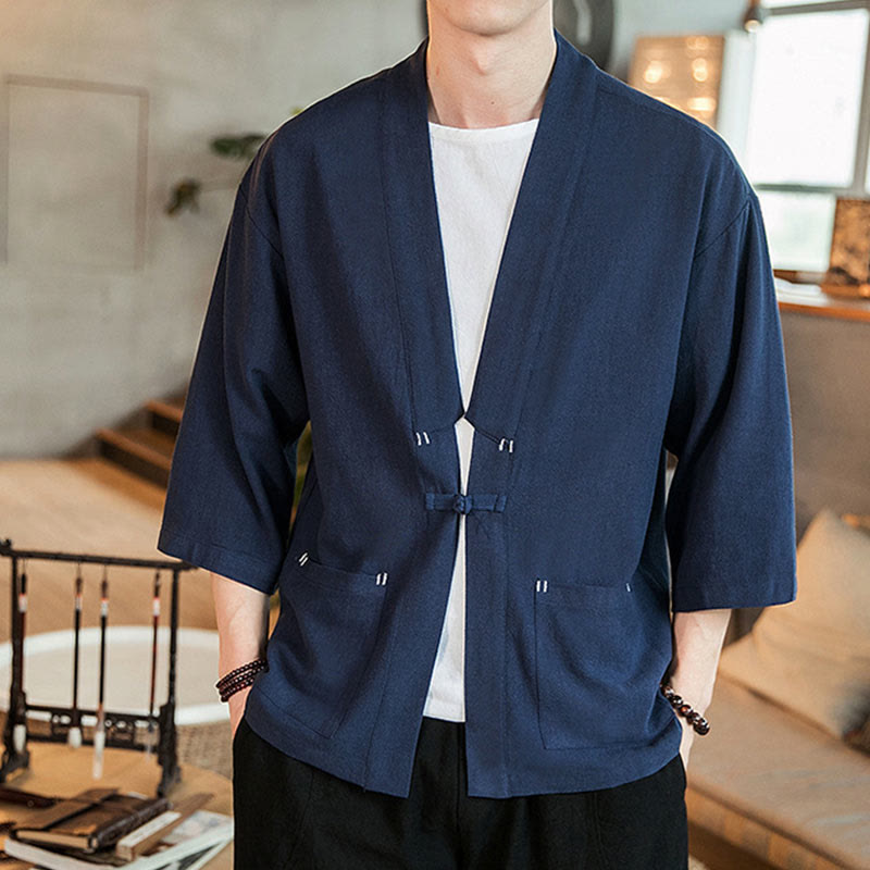 Kimono da uomo in cotone e lino, con bottoni a rana cinesi, tinta unita, Buddha Stones - Marina - US/UK/AU46, EU56 (5XL) - image 0