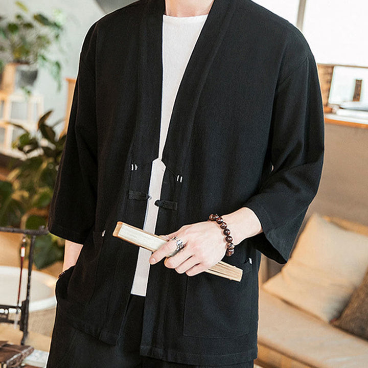 Kimono da uomo in cotone e lino, con bottoni a rana cinesi, tinta unita, Buddha Stones - image 13