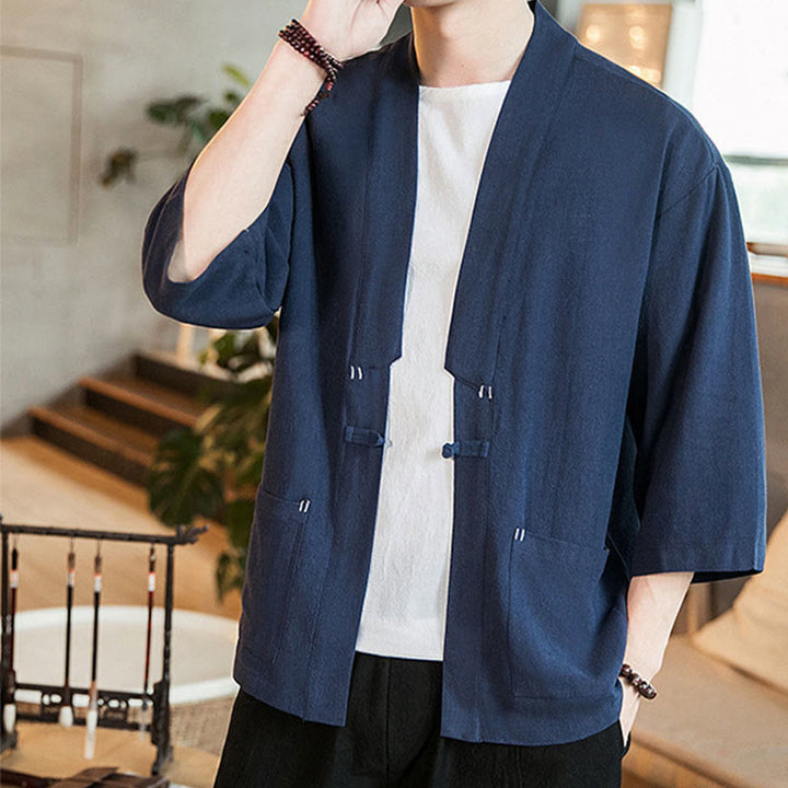 Giacca da uomo in lino e cotone con maniche a tre quarti, motivo Buddha Stones , con bottoni cinesi a forma di rana - image 1