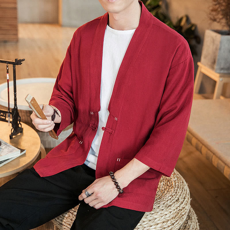 Kimono da uomo in cotone e lino, con bottoni a rana cinesi, tinta unita, Buddha Stones - Cremisi - US/UK/AU46, EU56 (5XL) - image 20