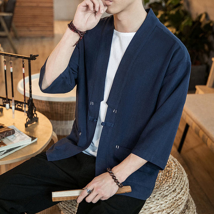 Giacca da uomo in lino e cotone con maniche a tre quarti, motivo Buddha Stones , con bottoni cinesi a forma di rana - image 7