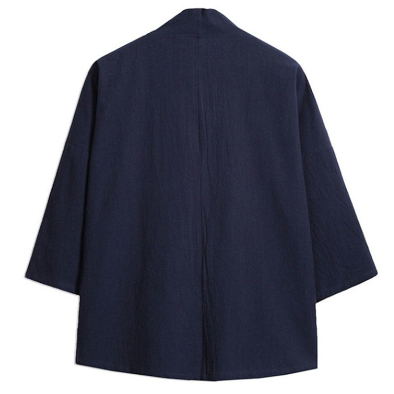 Kimono da uomo in cotone e lino con ricamo semplice di Buddha Stones, gru e nuvole. Giacca aperta sul davanti. - image 9