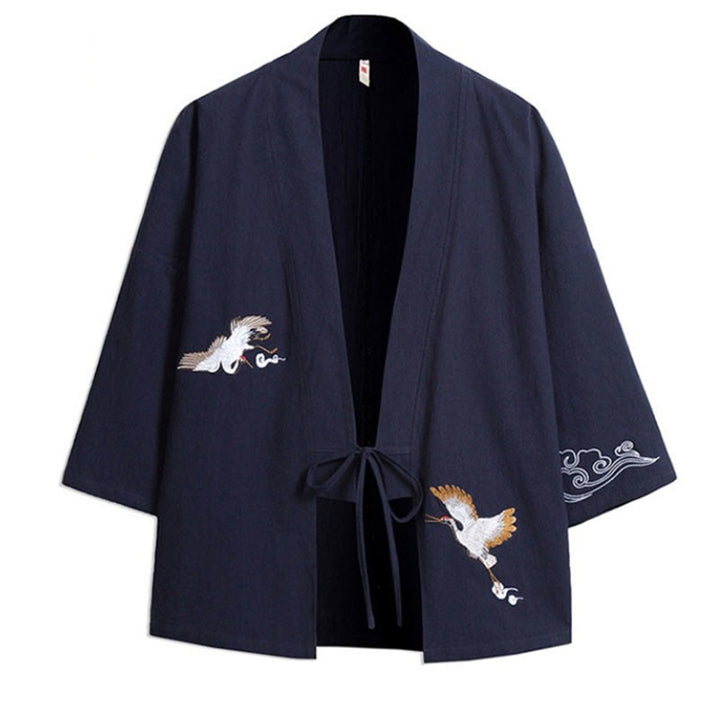 Kimono da uomo in cotone e lino con ricamo semplice di Buddha Stones, gru e nuvole. Giacca aperta sul davanti. - image 8