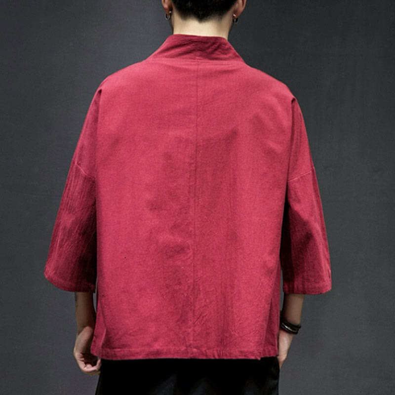 Kimono da uomo in cotone e lino con ricamo semplice di Buddha Stones, gru e nuvole. Giacca aperta sul davanti. - image 21