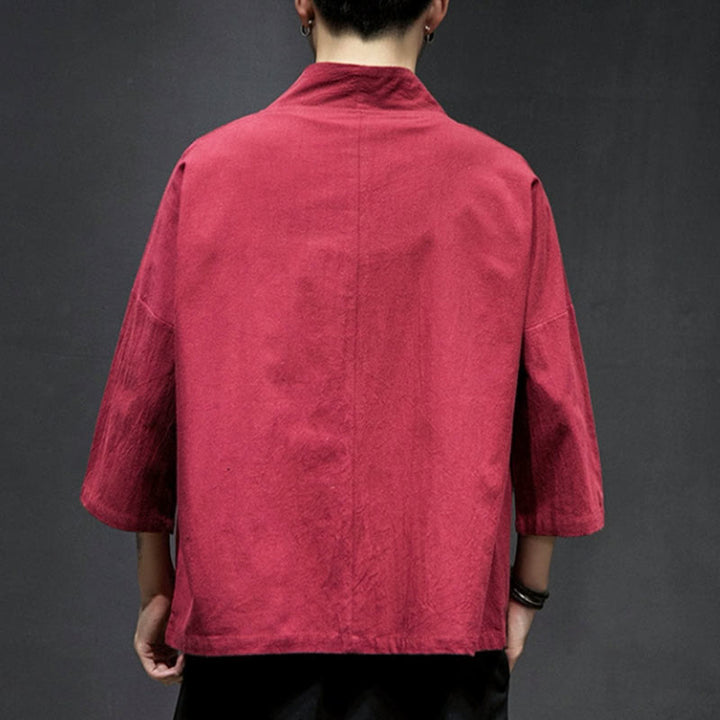 Kimono da uomo in cotone e lino con ricamo semplice di Buddha Stones, gru e nuvole. Giacca aperta sul davanti. - image 21