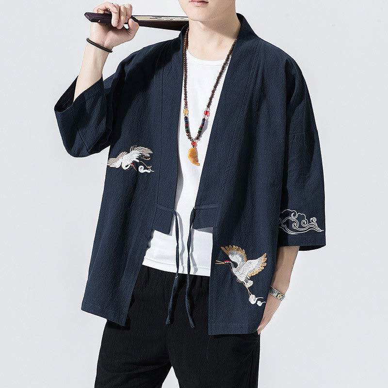 Kimono da uomo in cotone e lino con ricamo semplice di Buddha Stones, gru e nuvole. Giacca aperta sul davanti. - Marina - US/UK/AU46, EU56 (5XL) - image 0