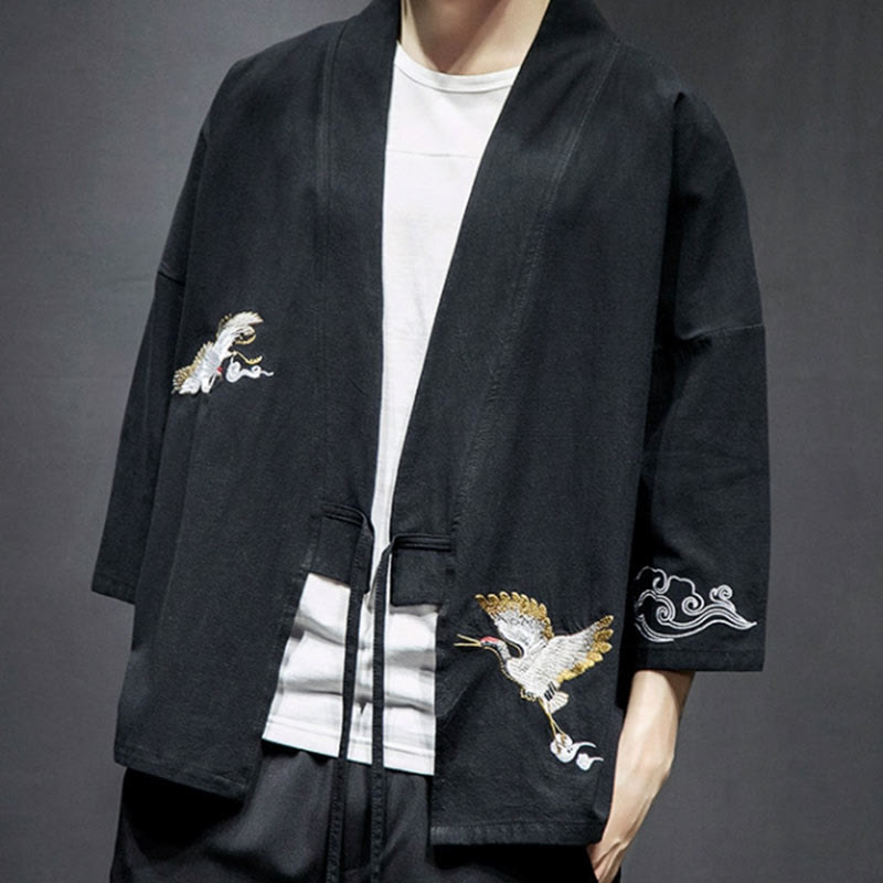 Kimono da uomo in cotone e lino con ricamo semplice di Buddha Stones, gru e nuvole. Giacca aperta sul davanti. - image 13
