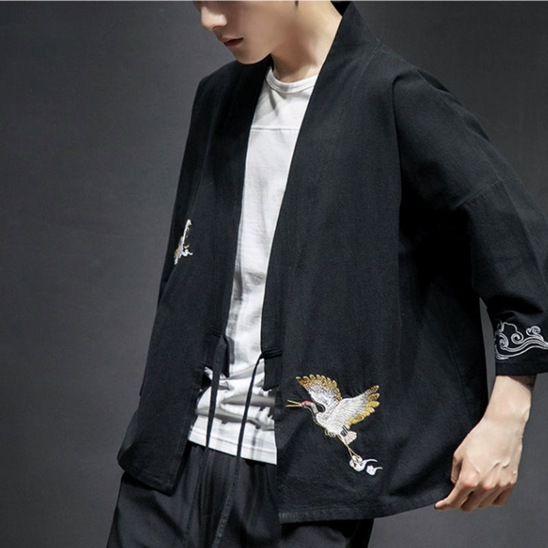 Kimono da uomo in cotone e lino con ricamo semplice di Buddha Stones, gru e nuvole. Giacca aperta sul davanti. - image 11