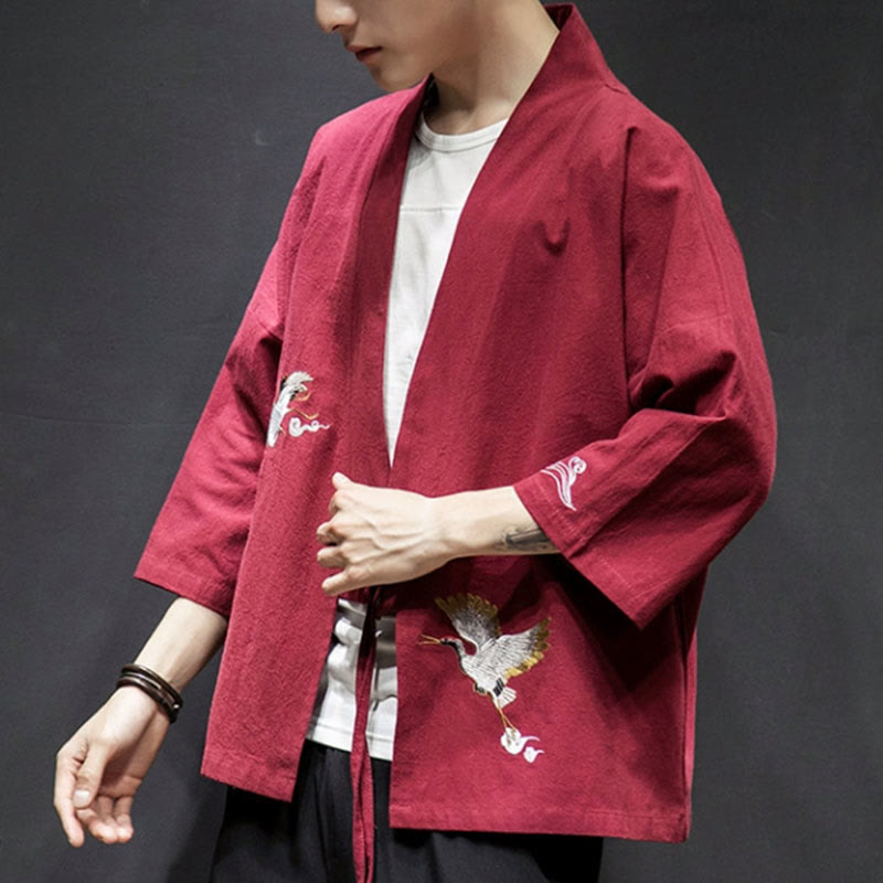 Kimono da uomo in cotone e lino con ricamo semplice di Buddha Stones, gru e nuvole. Giacca aperta sul davanti. - image 20