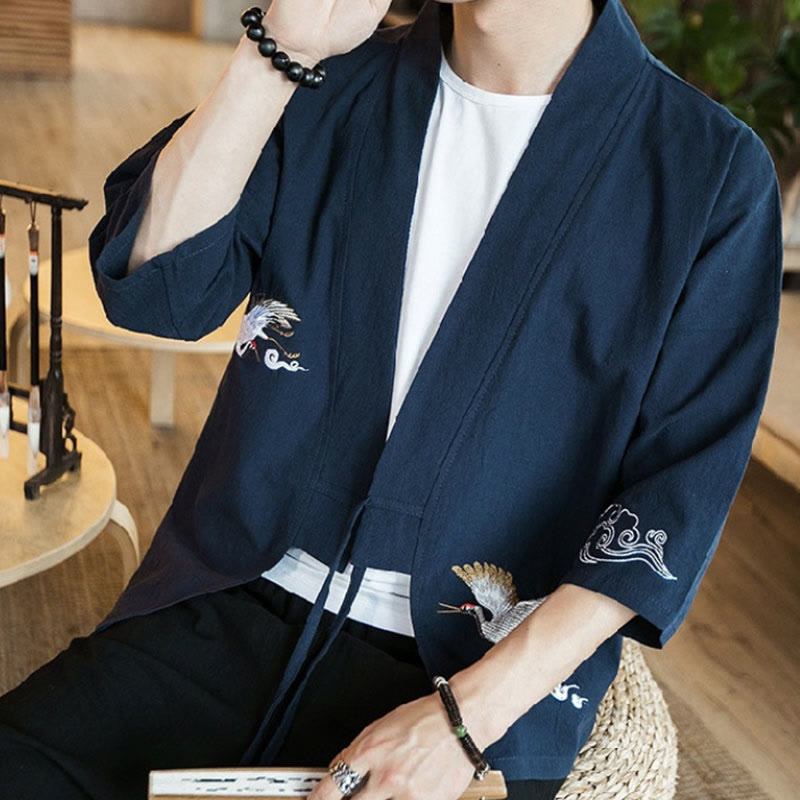 Giacca da uomo in cotone e lino con maniche a tre quarti e ricamo Buddha Stones aperta sul davanti - image 7