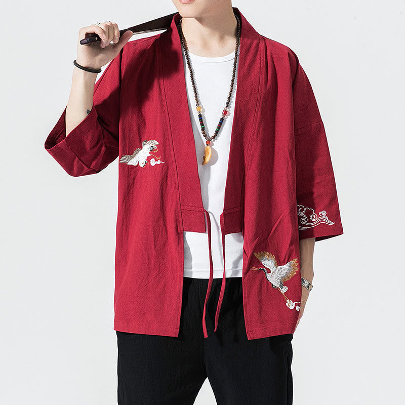 Kimono da uomo in cotone e lino con ricamo semplice di Buddha Stones, gru e nuvole. Giacca aperta sul davanti. - Cremisi - US/UK/AU46, EU56 (5XL) - image 18