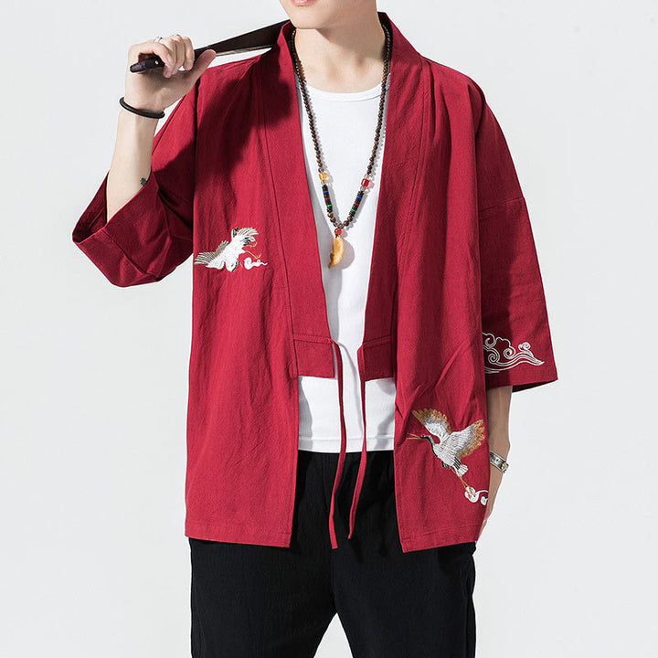 Kimono da uomo in cotone e lino con ricamo semplice di Buddha Stones, gru e nuvole. Giacca aperta sul davanti. - Cremisi - US/UK/AU46, EU56 (5XL) - image 18