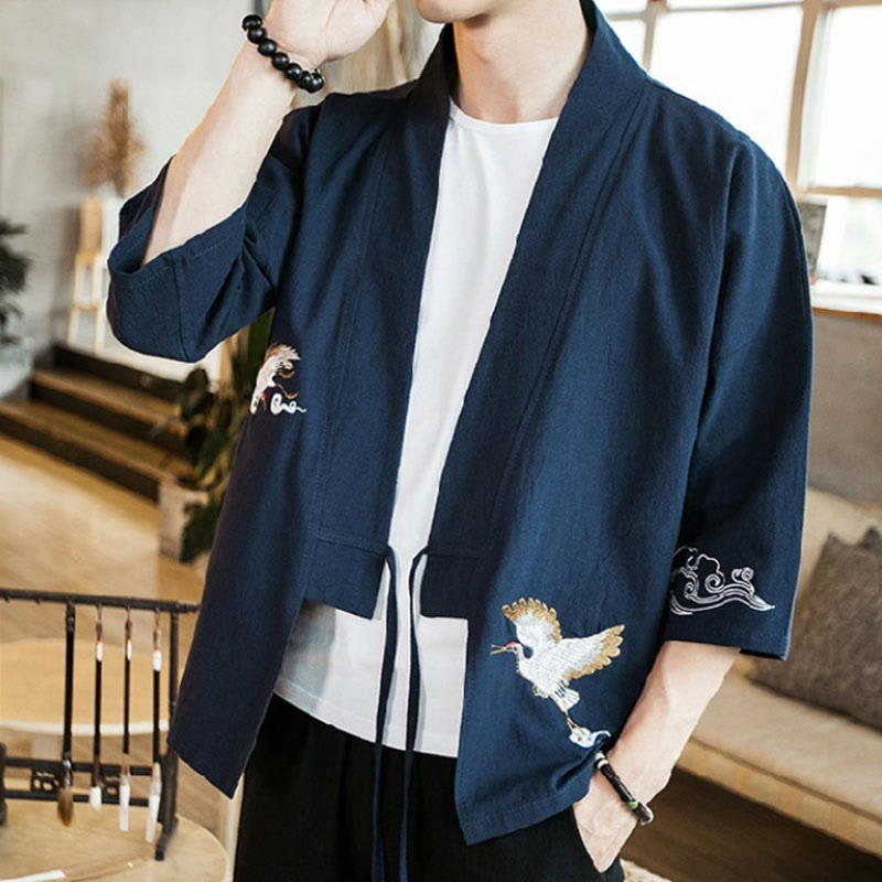 Giacca da uomo in cotone e lino con maniche a tre quarti e ricamo Buddha Stones aperta sul davanti - image 5