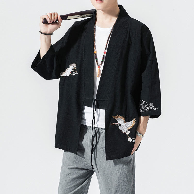 Kimono da uomo in cotone e lino con ricamo semplice di Buddha Stones, gru e nuvole. Giacca aperta sul davanti. - Nero - US/UK/AU46, EU56 (5XL) - image 10