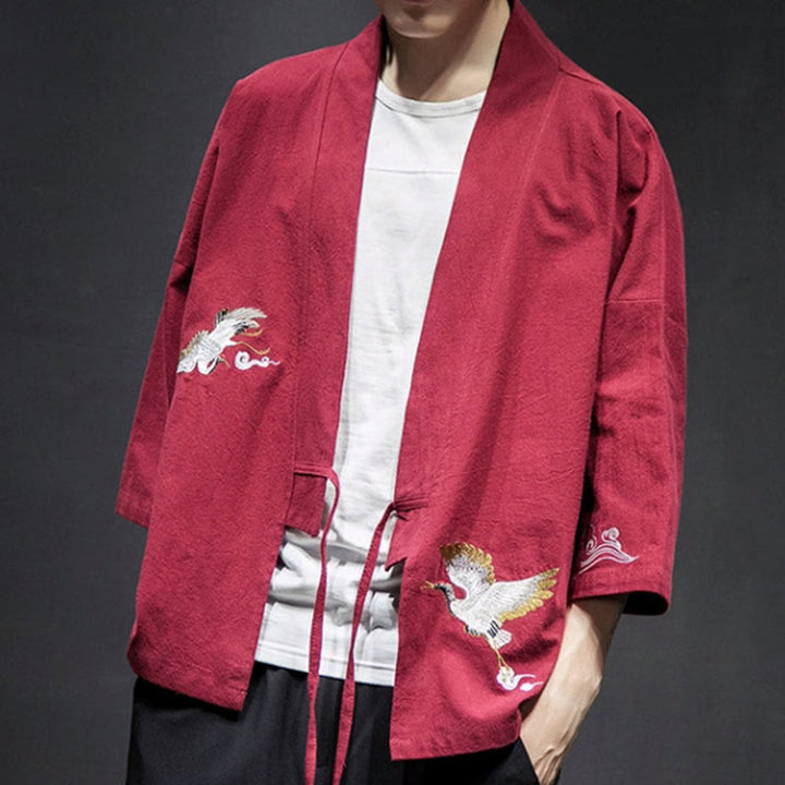 Kimono da uomo in cotone e lino con ricamo semplice di Buddha Stones, gru e nuvole. Giacca aperta sul davanti. - image 23