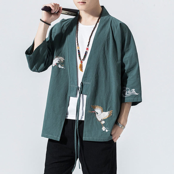 Kimono da uomo in cotone e lino con ricamo semplice di Buddha Stones, gru e nuvole. Giacca aperta sul davanti. - CadetBlue - US/UK/AU46, EU56 (5XL) - image 24