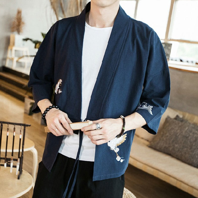 Giacca da uomo in cotone e lino con maniche a tre quarti e ricamo Buddha Stones aperta sul davanti - image 1