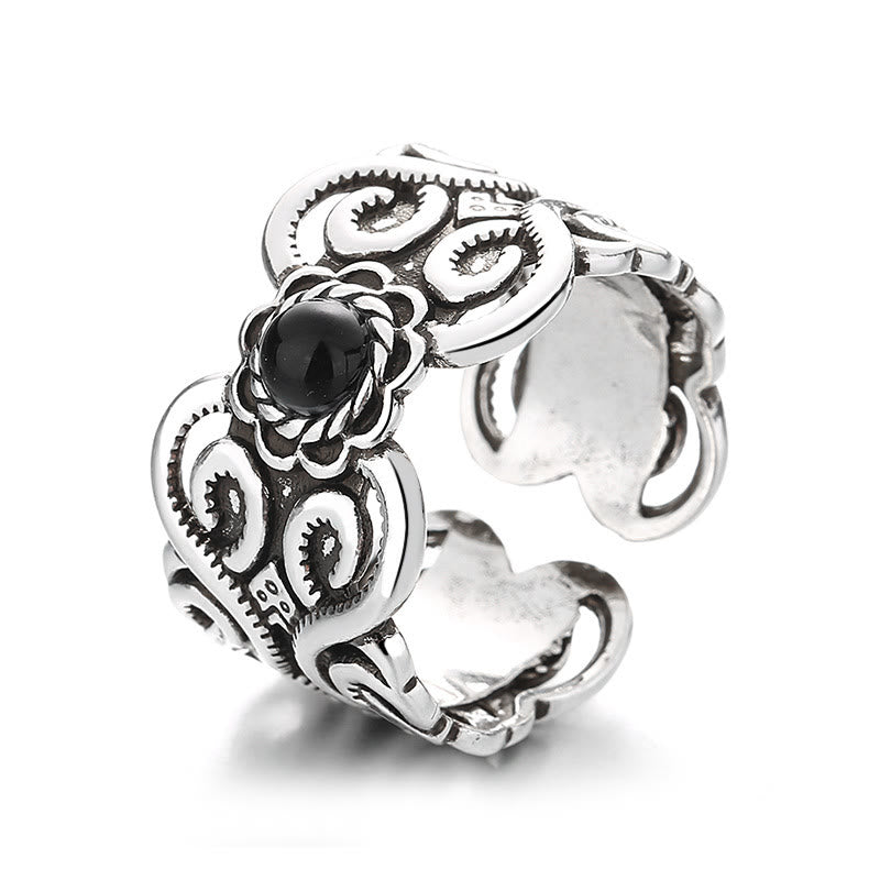Anello regolabile della fortuna con motivo mongolo in onice nero e rame di Buddha Stones