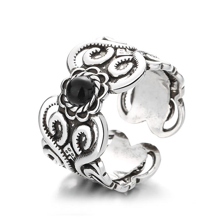 Anello regolabile della fortuna con motivo mongolo in onice nero e rame di Buddha Stones