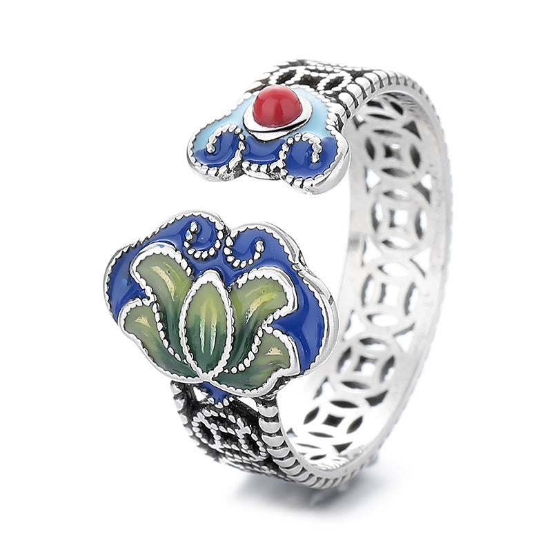 Anello regolabile con motivo a ciondoli Buddha Stones di loto, monete di rame e manico Ruyi.