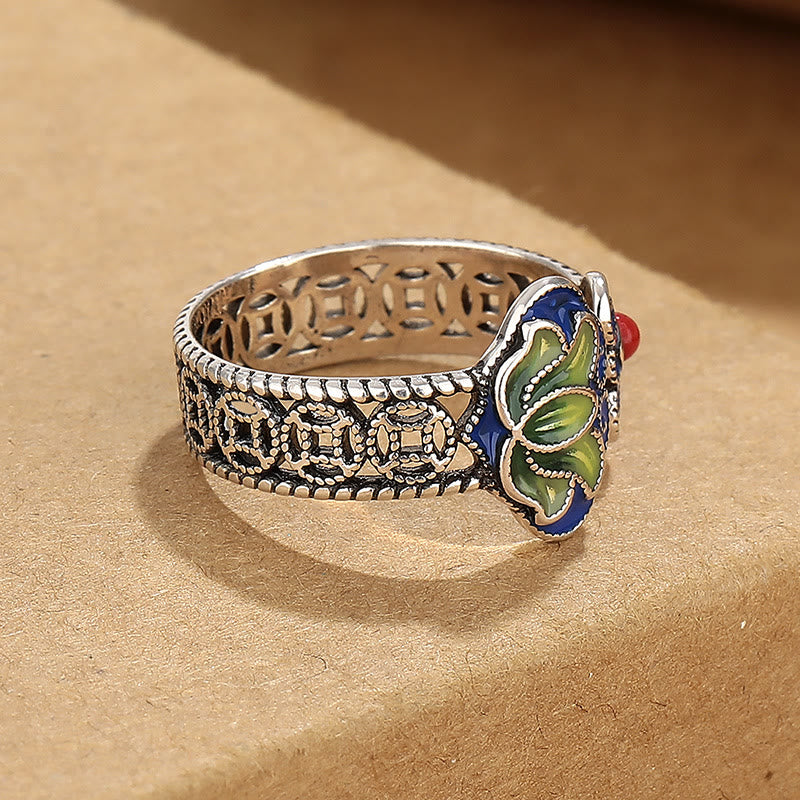 Anello regolabile con motivo a ciondoli Buddha Stones di loto, monete di rame e manico Ruyi.